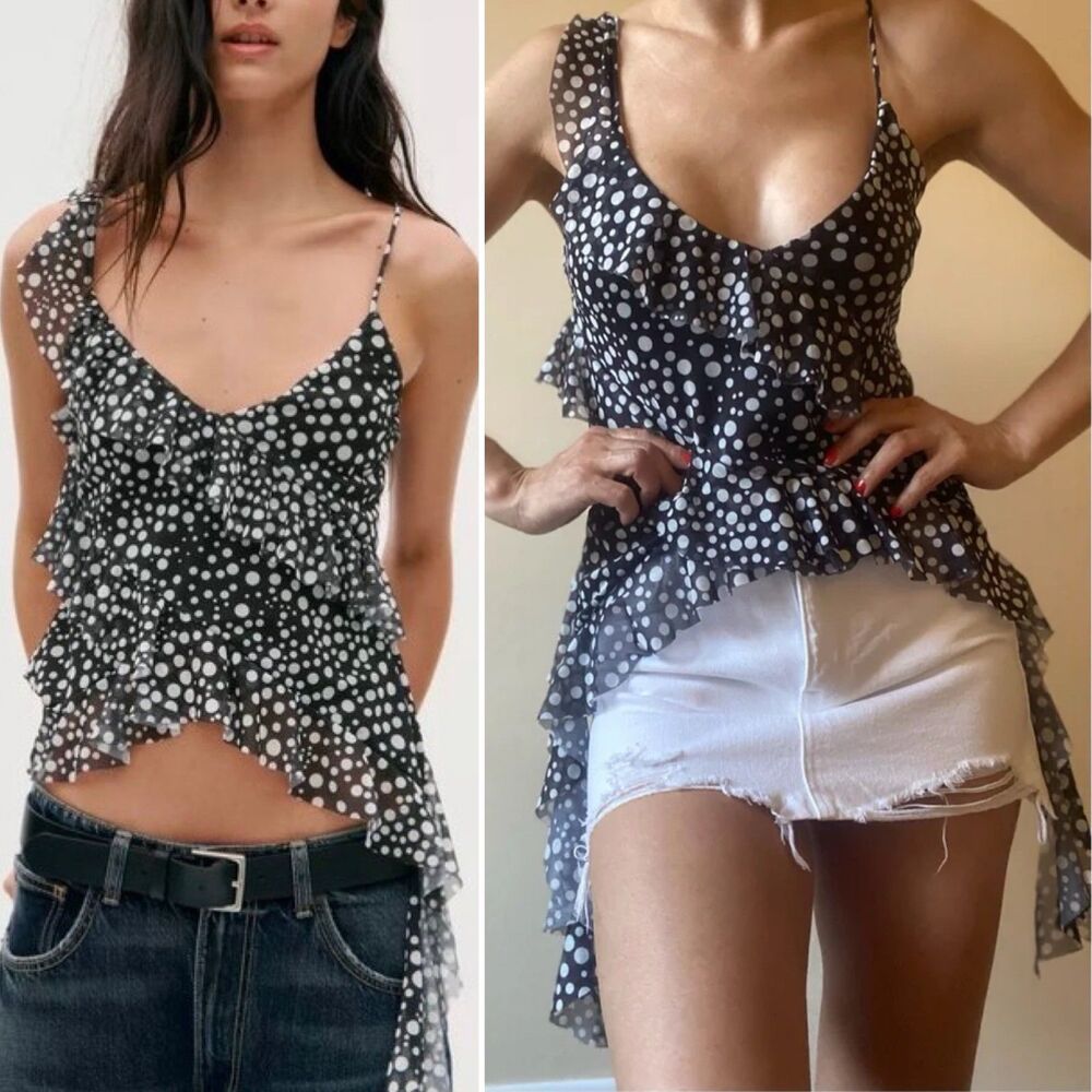 Zara Printed Tulle Ruffled Polka-dot Top